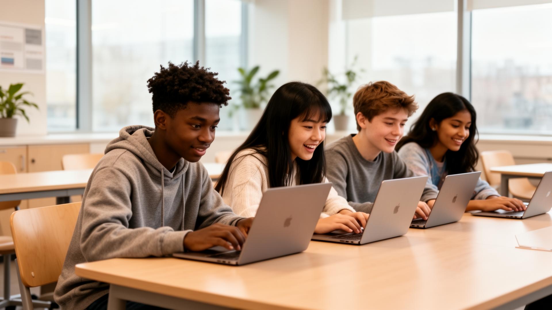 Canadian teenagers building real AI projects in a modern Manitoba Learn classroom